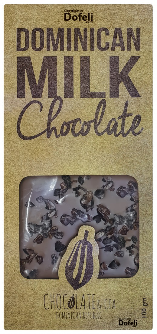 Dominican milk chocolate bar with organic cacao nibs, no lecithin, colorings or preservatives.